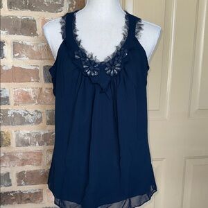 Banana Republic Navy Chiffon Overlay Sleeveless Top Eyelash Lace Bead Embellishd